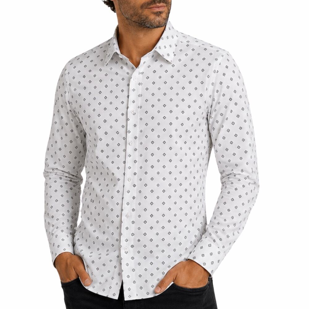 Express 1MX Slim Stretch Cotton Dress Shirt Geometric White/Black M 15-15 1/2